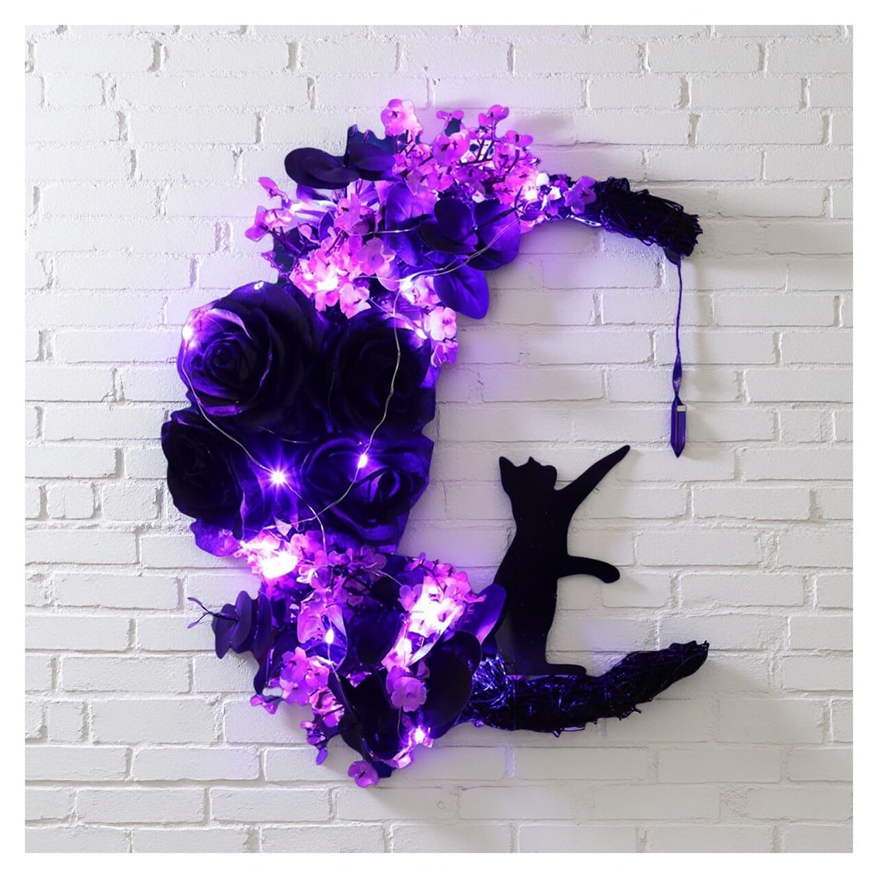 Halloween Lighted Wreath – Gothic Cat & Moon Design with Greenery and Wildflowers, 11.8x11" Porch, Wall, Indoor & Outdoor Decor (Purple, 16")